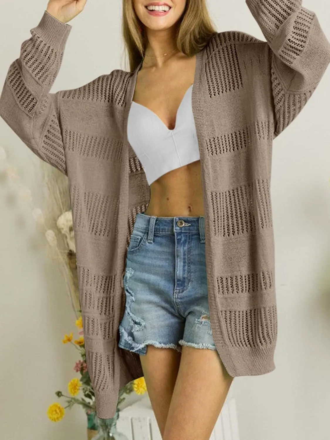 Saodimallsu Womens Summer Lightweight Cardigans Crochet Knit Boho Open Front Long Sleeve Loose Sweater Outwear