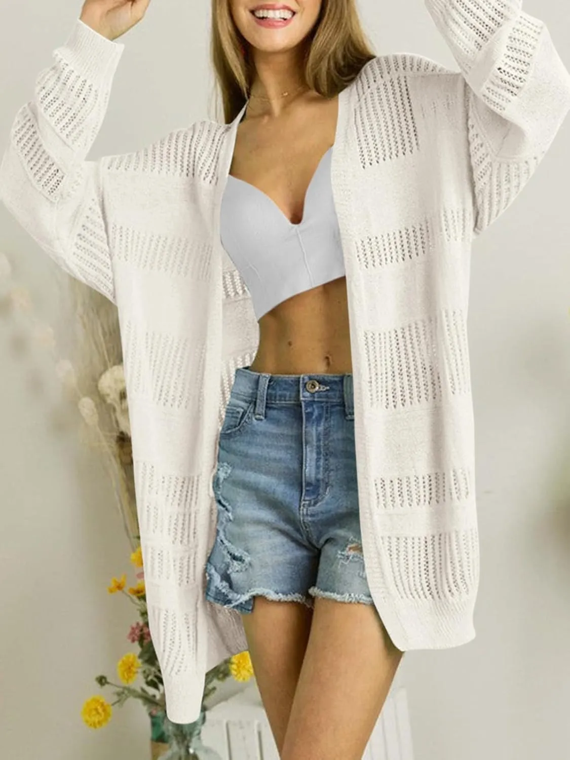 Saodimallsu Womens Summer Lightweight Cardigans Crochet Knit Boho Open Front Long Sleeve Loose Sweater Outwear