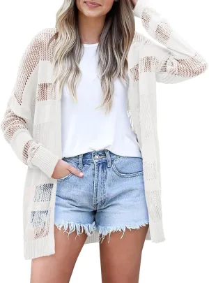 Saodimallsu Womens Summer Lightweight Cardigans Crochet Knit Boho Open Front Long Sleeve Loose Sweater Outwear