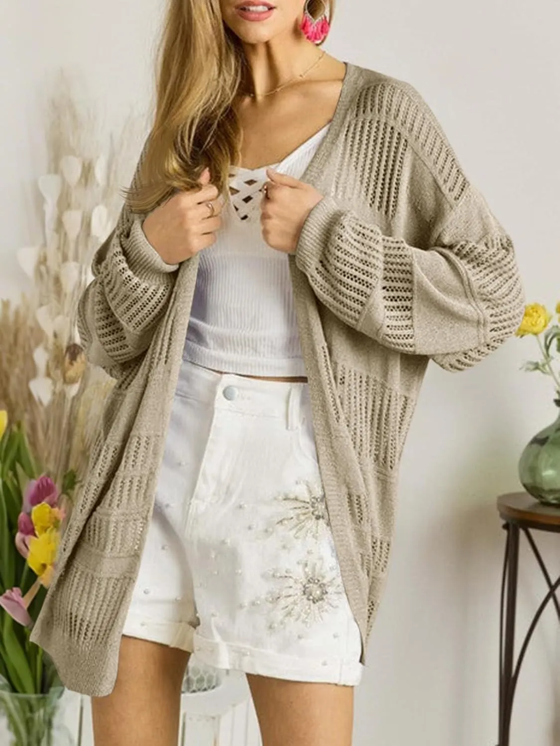 Saodimallsu Womens Summer Lightweight Cardigans Crochet Knit Boho Open Front Long Sleeve Loose Sweater Outwear
