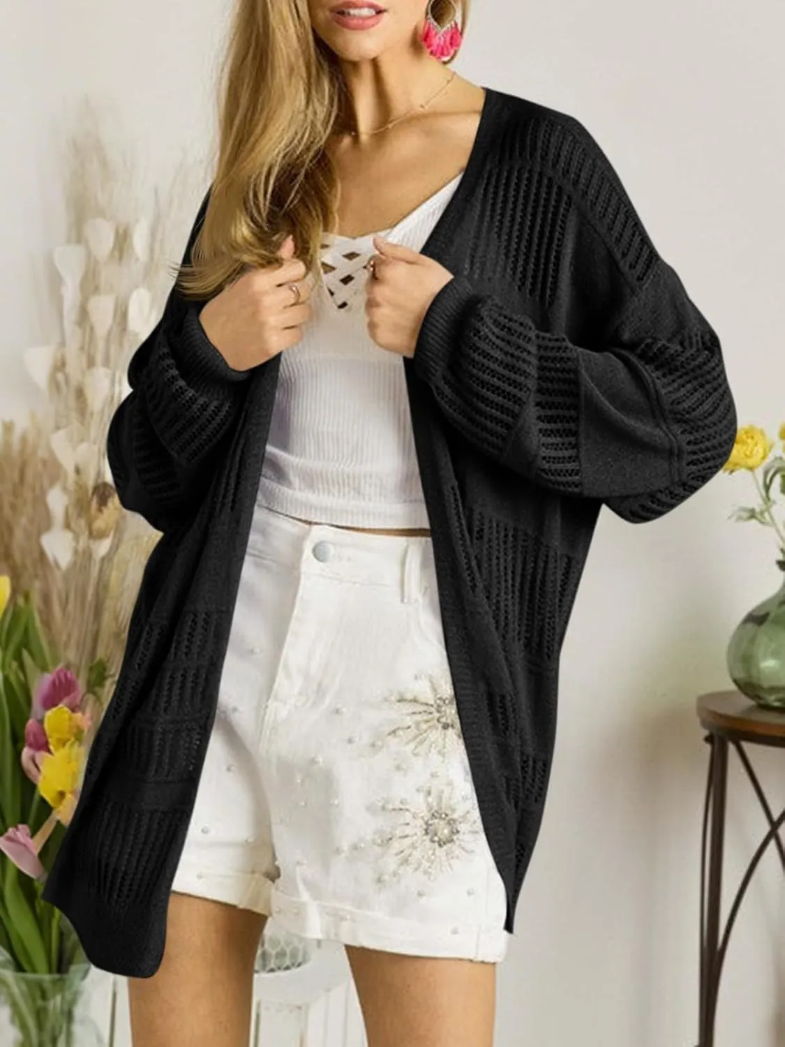 Saodimallsu Womens Summer Lightweight Cardigans Crochet Knit Boho Open Front Long Sleeve Loose Sweater Outwear