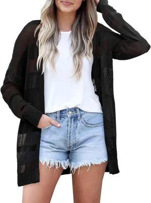 Saodimallsu Womens Summer Lightweight Cardigans Crochet Knit Boho Open Front Long Sleeve Loose Sweater Outwear