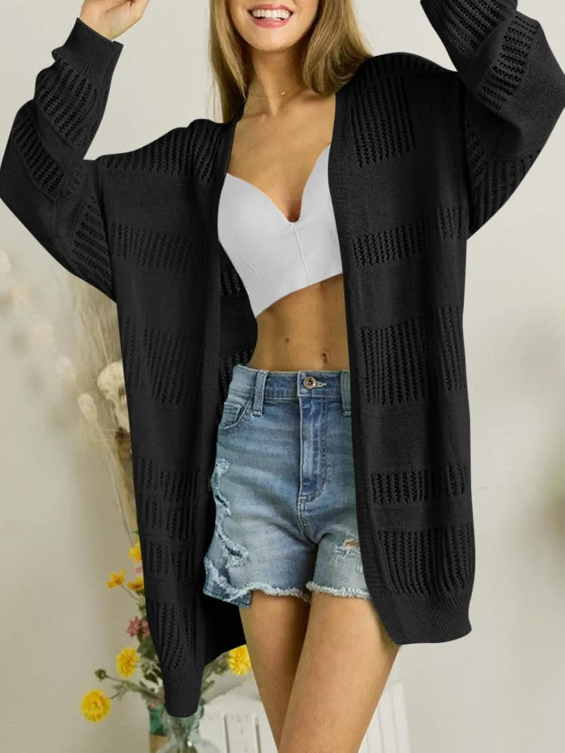 Saodimallsu Womens Summer Lightweight Cardigans Crochet Knit Boho Open Front Long Sleeve Loose Sweater Outwear
