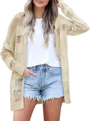 Saodimallsu Womens Summer Lightweight Cardigans Crochet Knit Boho Open Front Long Sleeve Loose Sweater Outwear