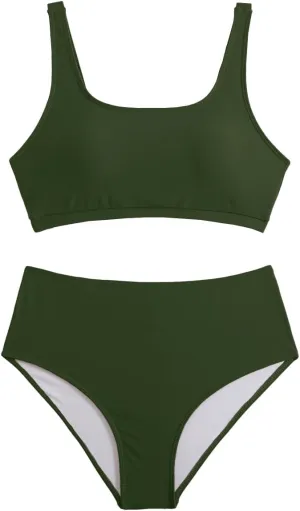 Savarana Women's High Waisted Bikini Sets Two Piece Swimsuit Cheeky Scoop Neck Swimwear High Cut Sporty Bathing Suits
