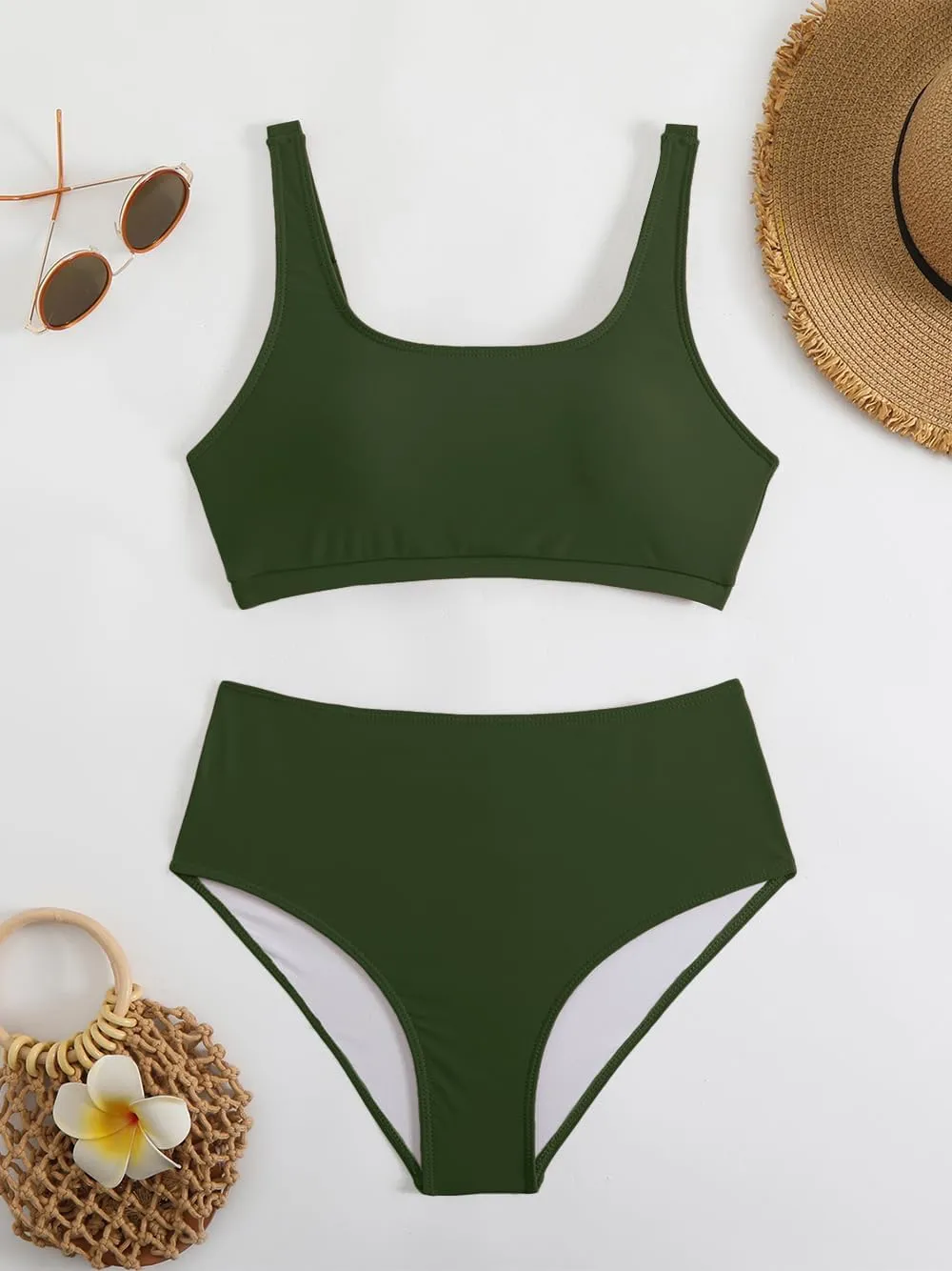 Savarana Women's High Waisted Bikini Sets Two Piece Swimsuit Cheeky Scoop Neck Swimwear High Cut Sporty Bathing Suits