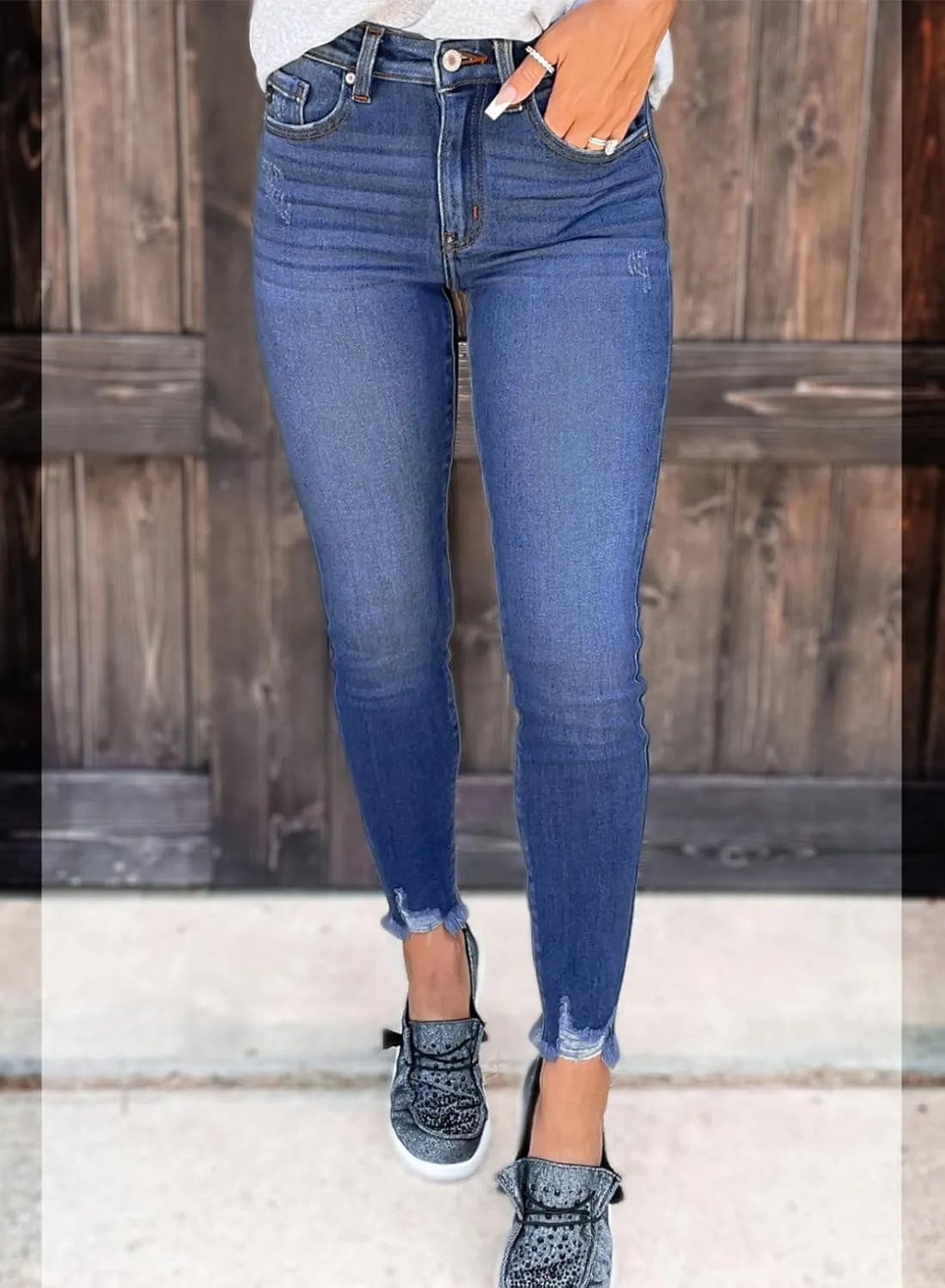 SHEWIN Skinny Raw Hem Jeans for Women High Waisted Stretchy Trendy Slimming Jeggings Ankle Denim Pants with Pockets