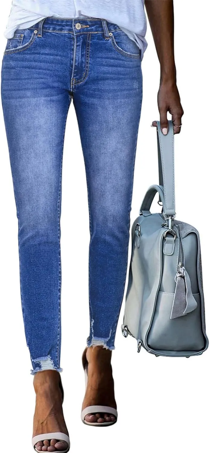 SHEWIN Skinny Raw Hem Jeans for Women High Waisted Stretchy Trendy Slimming Jeggings Ankle Denim Pants with Pockets