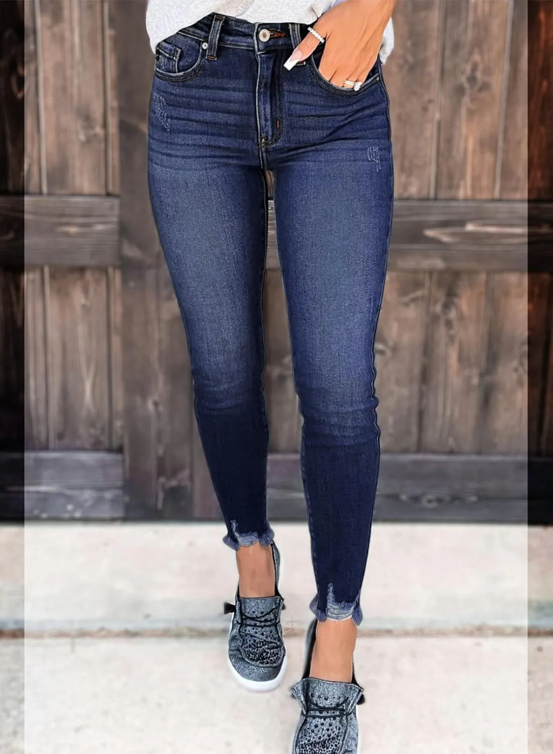 SHEWIN Skinny Raw Hem Jeans for Women High Waisted Stretchy Trendy Slimming Jeggings Ankle Denim Pants with Pockets