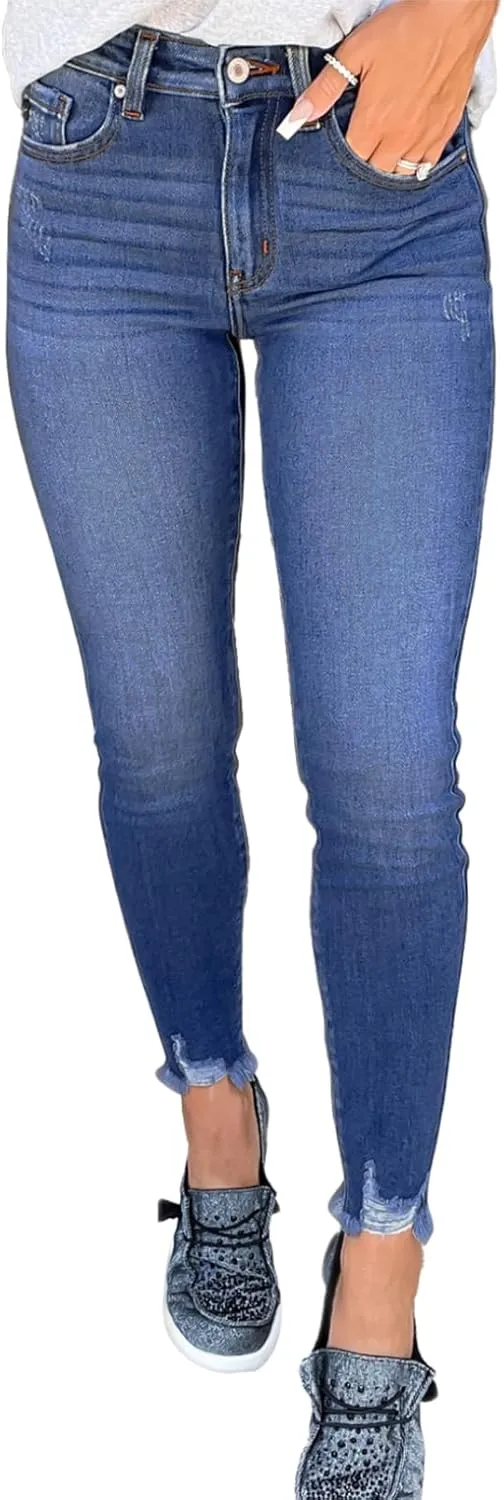 SHEWIN Skinny Raw Hem Jeans for Women High Waisted Stretchy Trendy Slimming Jeggings Ankle Denim Pants with Pockets
