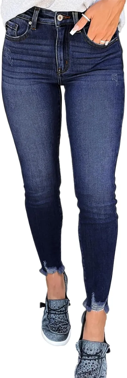 SHEWIN Skinny Raw Hem Jeans for Women High Waisted Stretchy Trendy Slimming Jeggings Ankle Denim Pants with Pockets
