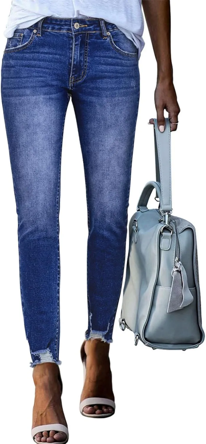 SHEWIN Skinny Raw Hem Jeans for Women High Waisted Stretchy Trendy Slimming Jeggings Ankle Denim Pants with Pockets