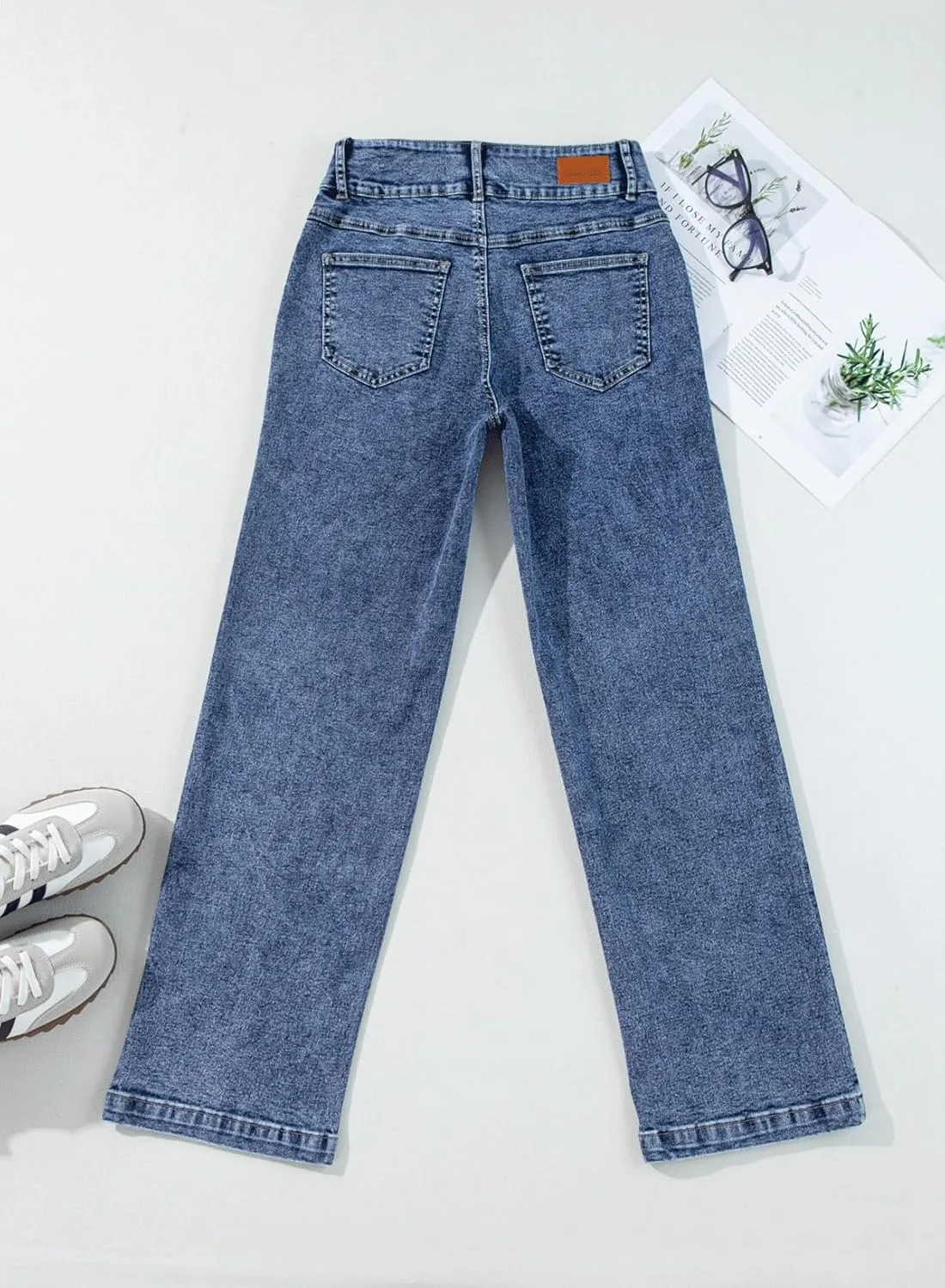 Sidefeel Women's Jeans High Waisted Straight Leg Stretchy Jeans Trendy Welt Pockets Loose Wide Leg Zimbaplatinum Denim Pants