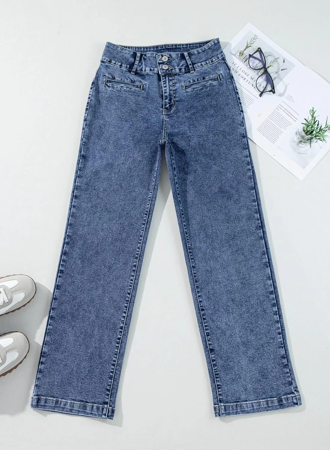 Sidefeel Women's Jeans High Waisted Straight Leg Stretchy Jeans Trendy Welt Pockets Loose Wide Leg Zimbaplatinum Denim Pants