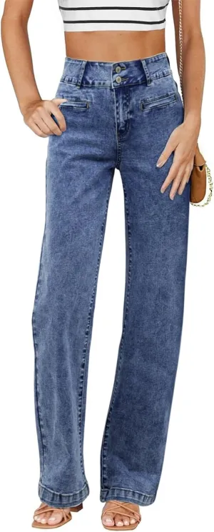 Sidefeel Women's Jeans High Waisted Straight Leg Stretchy Jeans Trendy Welt Pockets Loose Wide Leg Zimbaplatinum Denim Pants