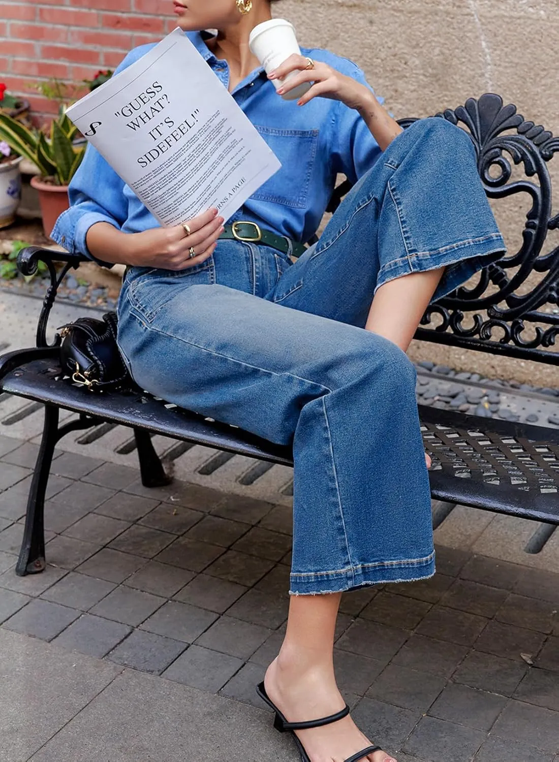 Sidefeel Women's Wide Leg Jeans High Waisted Stretchy Jeans Straight Leg Loose Fit Zimbaplatinum Ankle Denim Pants