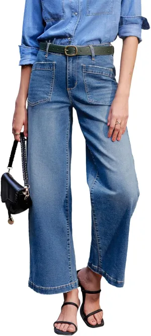 Sidefeel Women's Wide Leg Jeans High Waisted Stretchy Jeans Straight Leg Loose Fit Zimbaplatinum Ankle Denim Pants
