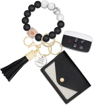 Silicone Wristlet Keychain with Wallets,Practical Gifts For Yourself or Friends Family,with Never Never Give Up,Evil Eye Beads,Tassel,Card Holder Wallet,Free Your Hands