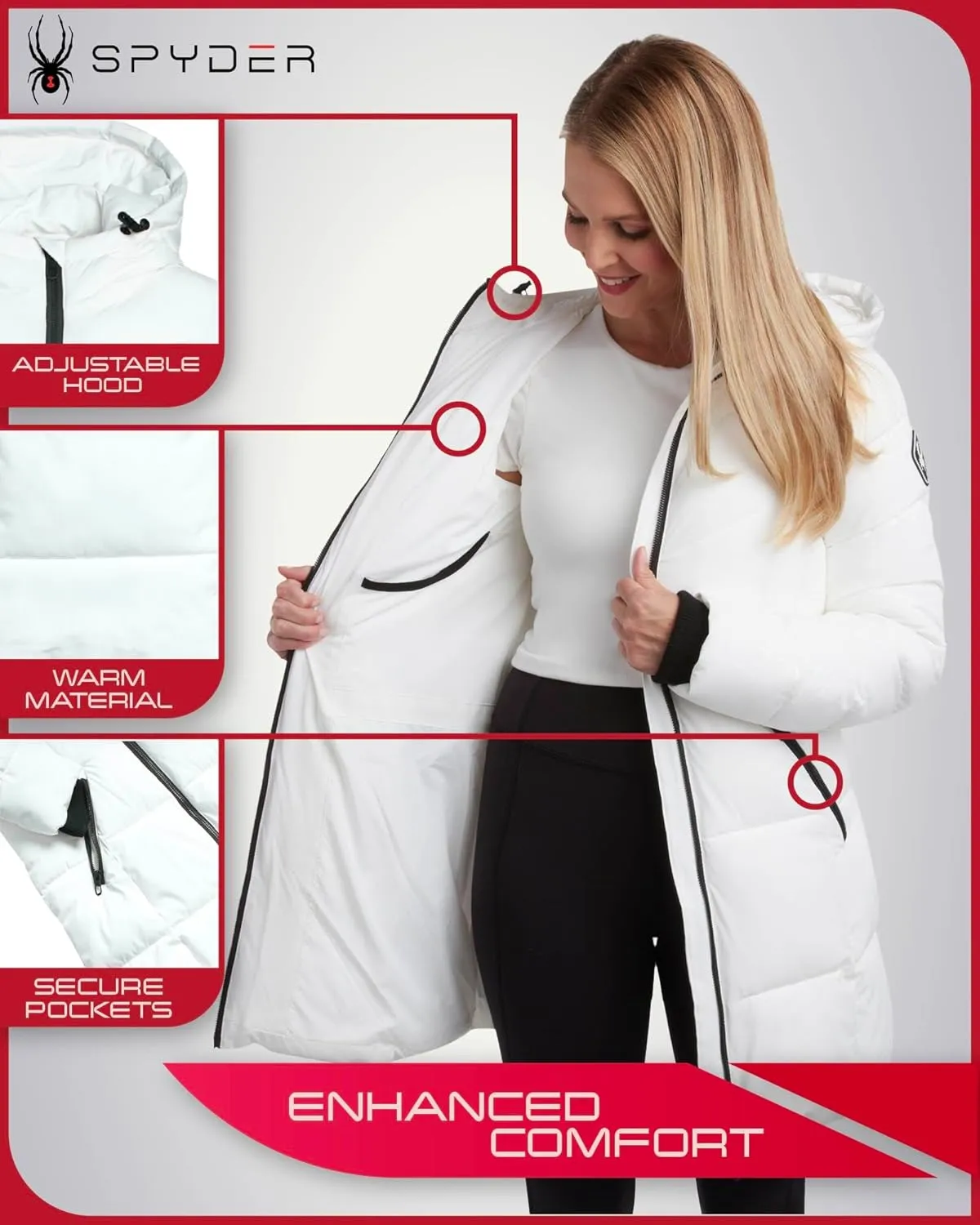 Spyder Women's Puffer Jacket - Cozy Hooded Long Puffer Jackets for Women with Hand Pockets - Soft Stretch Bubble Jacket S-XL