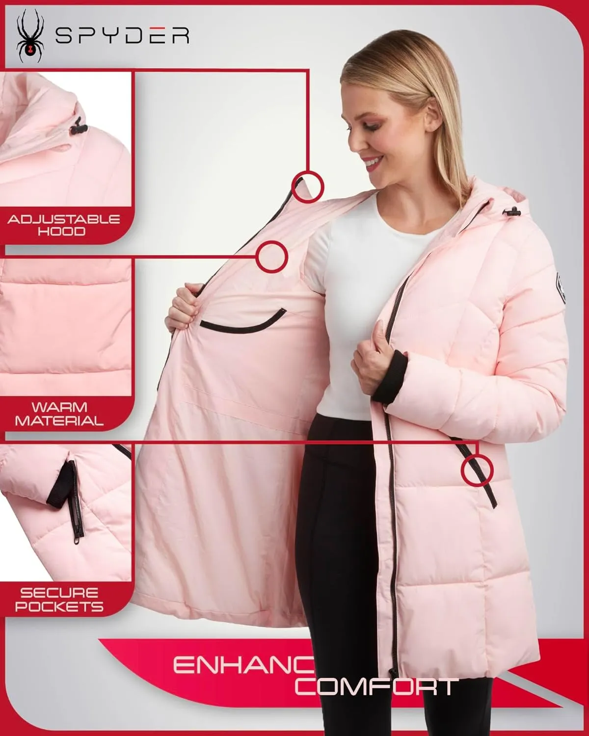 Spyder Women's Puffer Jacket - Cozy Hooded Long Puffer Jackets for Women with Hand Pockets - Soft Stretch Bubble Jacket S-XL