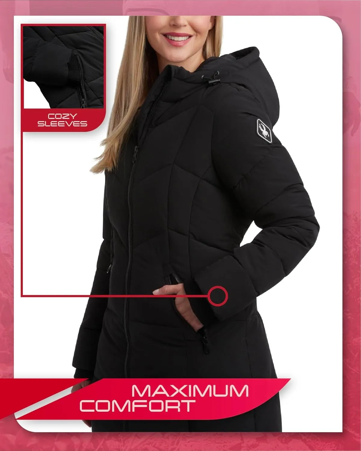 Spyder Women's Puffer Jacket - Cozy Hooded Long Puffer Jackets for Women with Hand Pockets - Soft Stretch Bubble Jacket S-XL