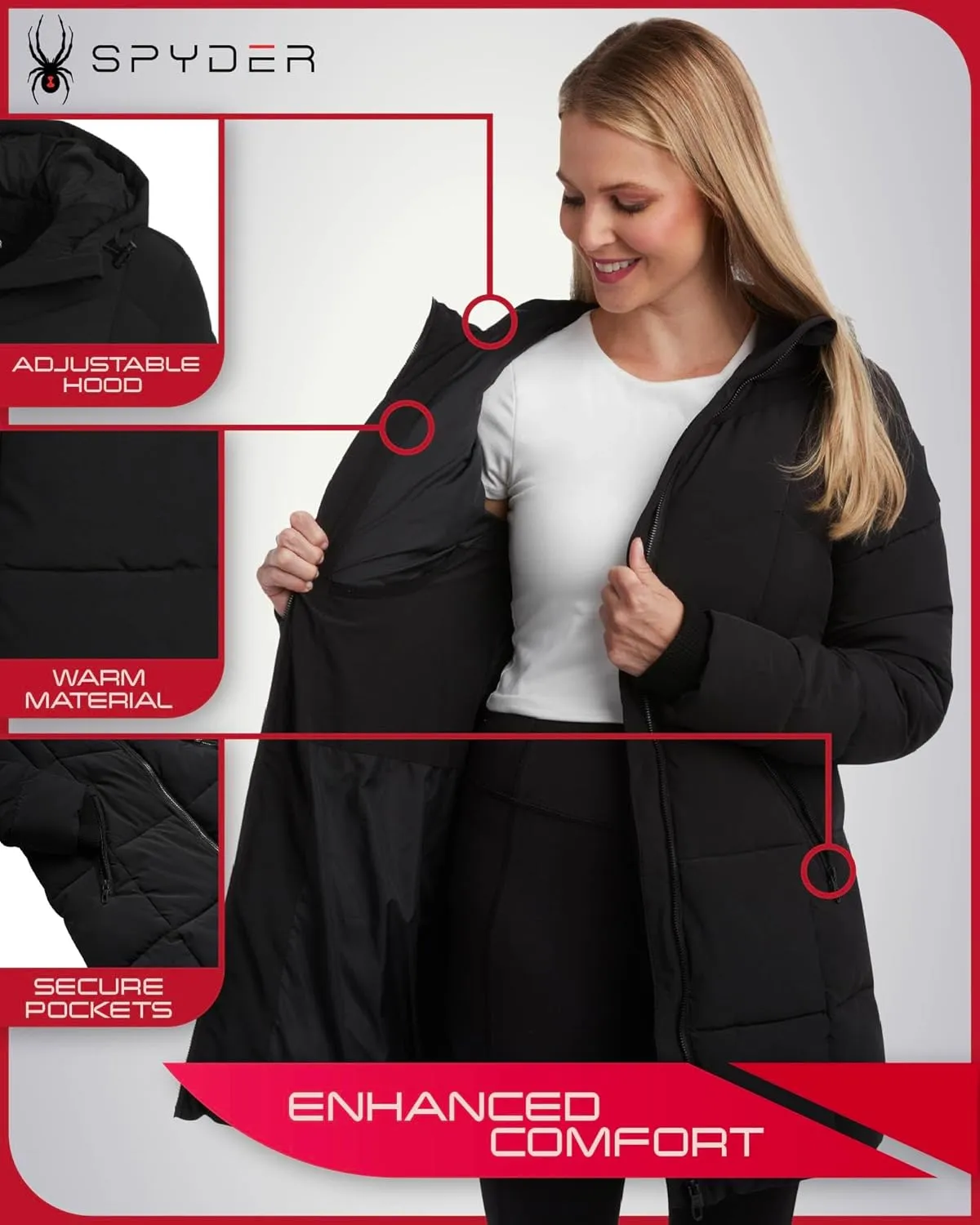 Spyder Women's Puffer Jacket - Cozy Hooded Long Puffer Jackets for Women with Hand Pockets - Soft Stretch Bubble Jacket S-XL