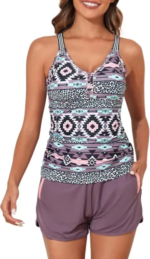 Summer Mae Modest Tankini Swimsuits for Women 2025 Two Piece Bathing Suits with Sporty Pockets Boy Shorts for Tummy Control