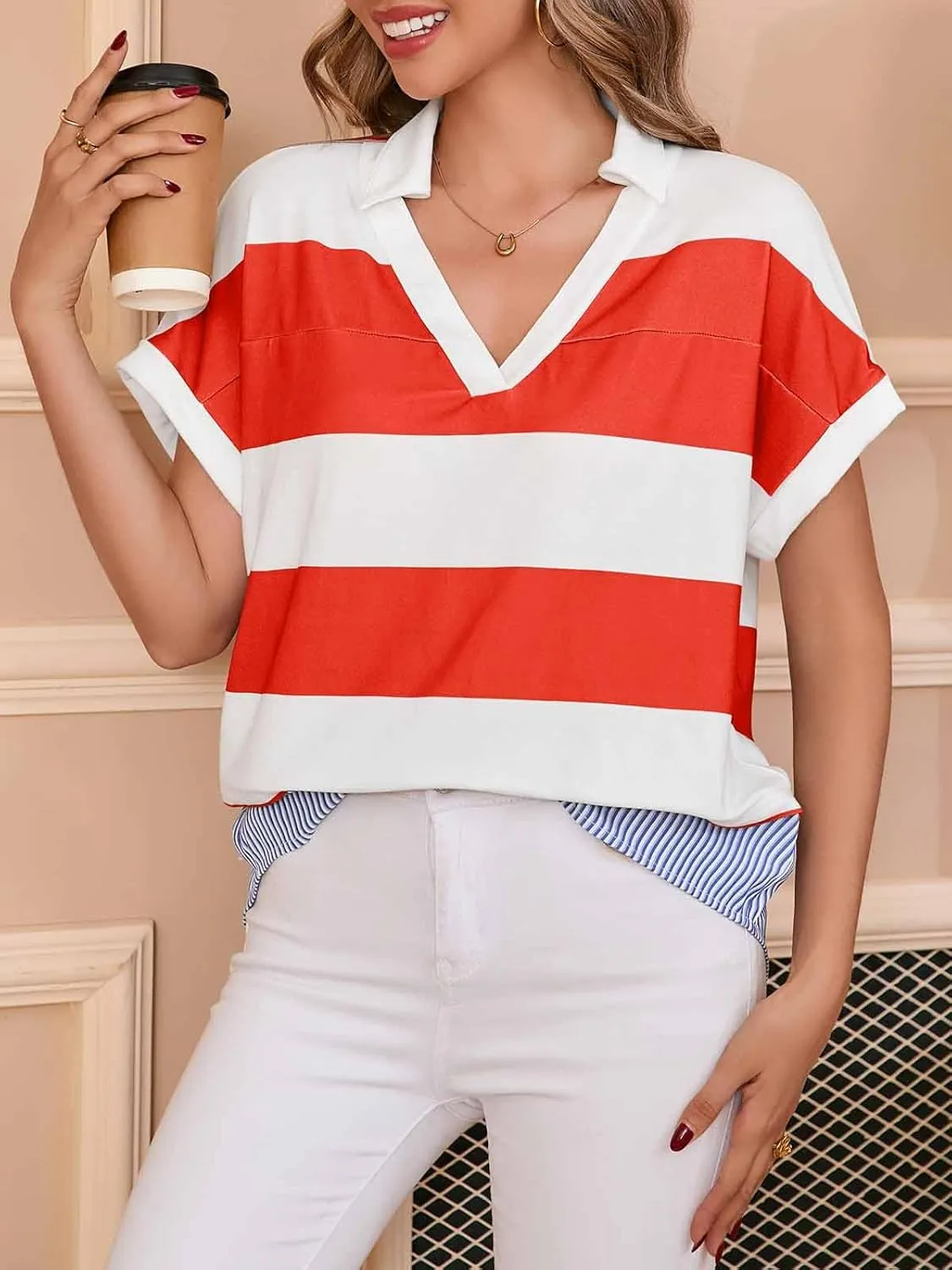 Tankaneo Womens Ruffle Sleeve Striped T Shirts Summer Crew Neck Color Block Tops Casual Loose Fit Tees