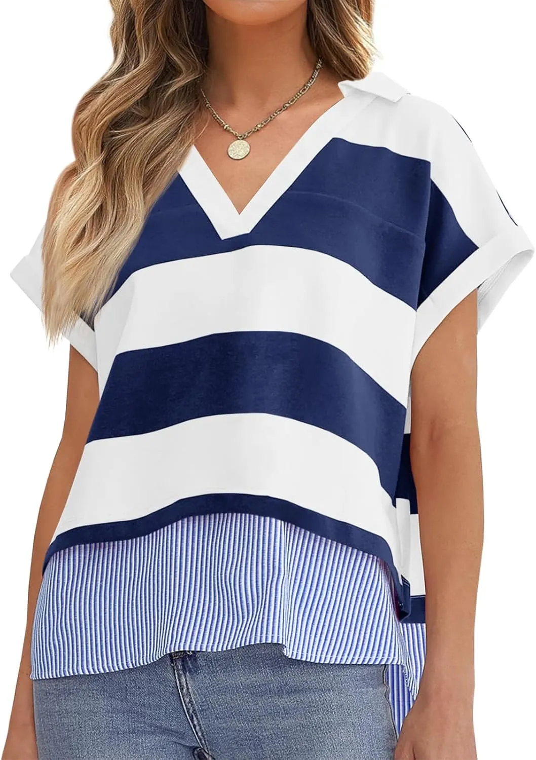 Tankaneo Womens Ruffle Sleeve Striped T Shirts Summer Crew Neck Color Block Tops Casual Loose Fit Tees