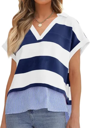 Tankaneo Womens Ruffle Sleeve Striped T Shirts Summer Crew Neck Color Block Tops Casual Loose Fit Tees