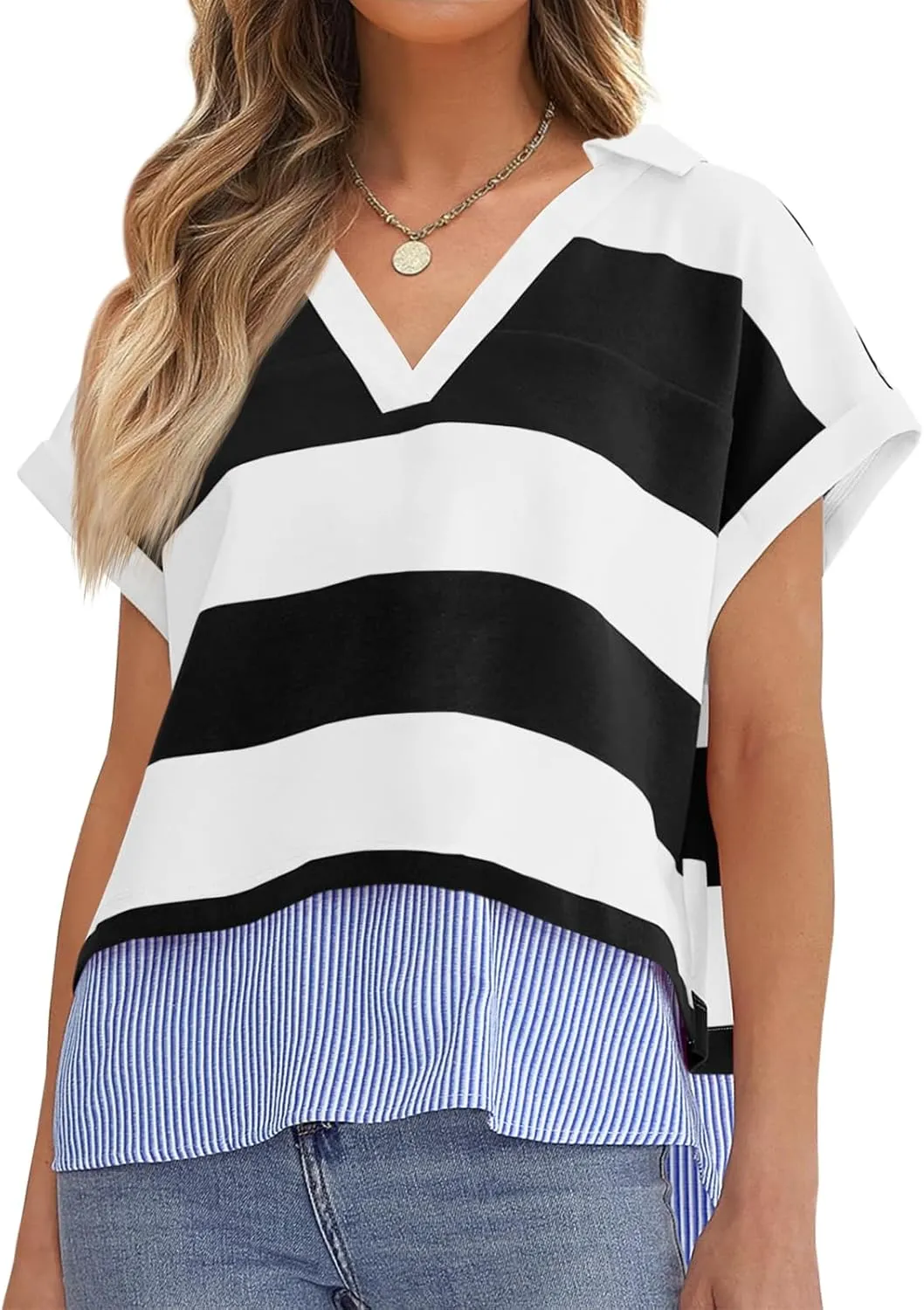 Tankaneo Womens Ruffle Sleeve Striped T Shirts Summer Crew Neck Color Block Tops Casual Loose Fit Tees