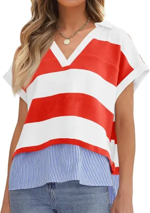Tankaneo Womens Ruffle Sleeve Striped T Shirts Summer Crew Neck Color Block Tops Casual Loose Fit Tees
