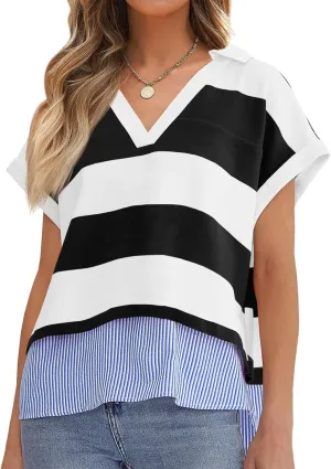 Tankaneo Womens Ruffle Sleeve Striped T Shirts Summer Crew Neck Color Block Tops Casual Loose Fit Tees