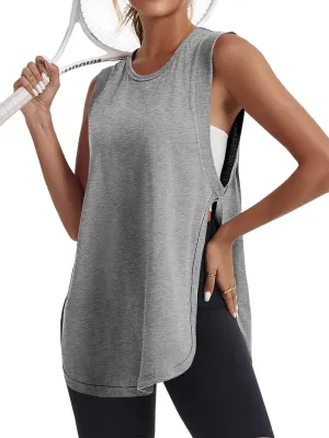 Tankaneo Womens Summer Workout Tank Tops Cotton Side Slit Sleeveless Shirts Oversized Casual Yoga Gym Tees