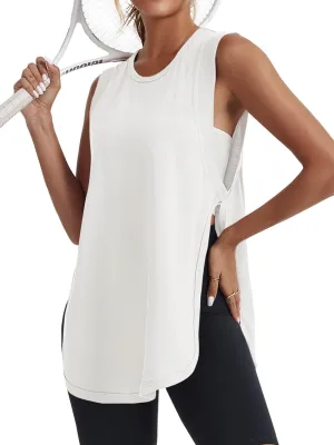 Tankaneo Womens Summer Workout Tank Tops Cotton Side Slit Sleeveless Shirts Oversized Casual Yoga Gym Tees