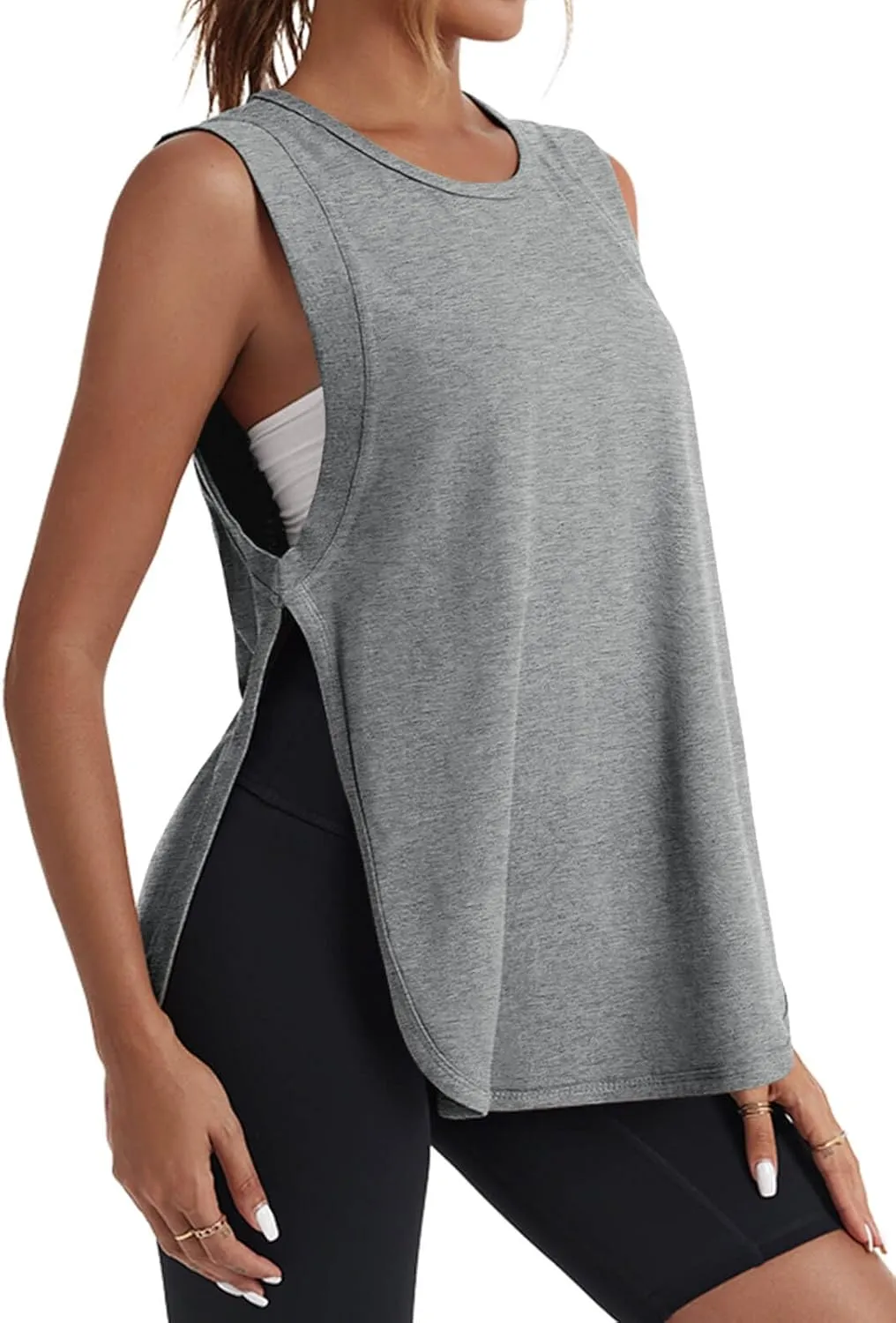Tankaneo Womens Summer Workout Tank Tops Cotton Side Slit Sleeveless Shirts Oversized Casual Yoga Gym Tees