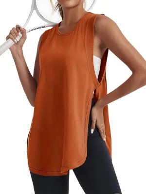 Tankaneo Womens Summer Workout Tank Tops Cotton Side Slit Sleeveless Shirts Oversized Casual Yoga Gym Tees