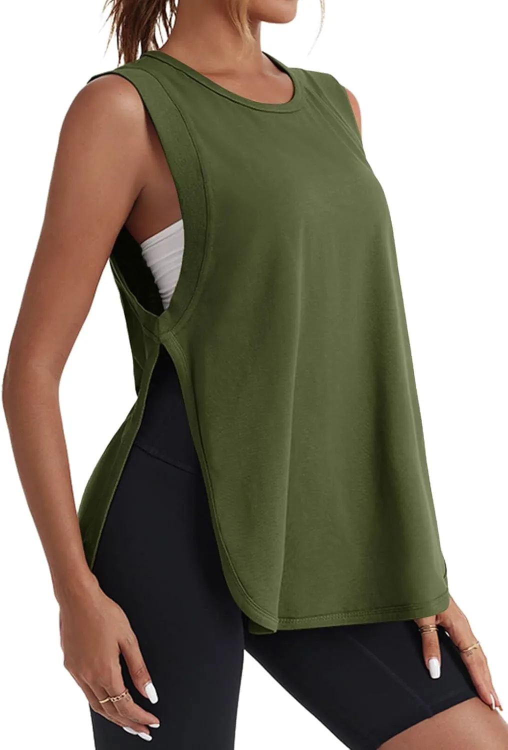 Tankaneo Womens Summer Workout Tank Tops Cotton Side Slit Sleeveless Shirts Oversized Casual Yoga Gym Tees