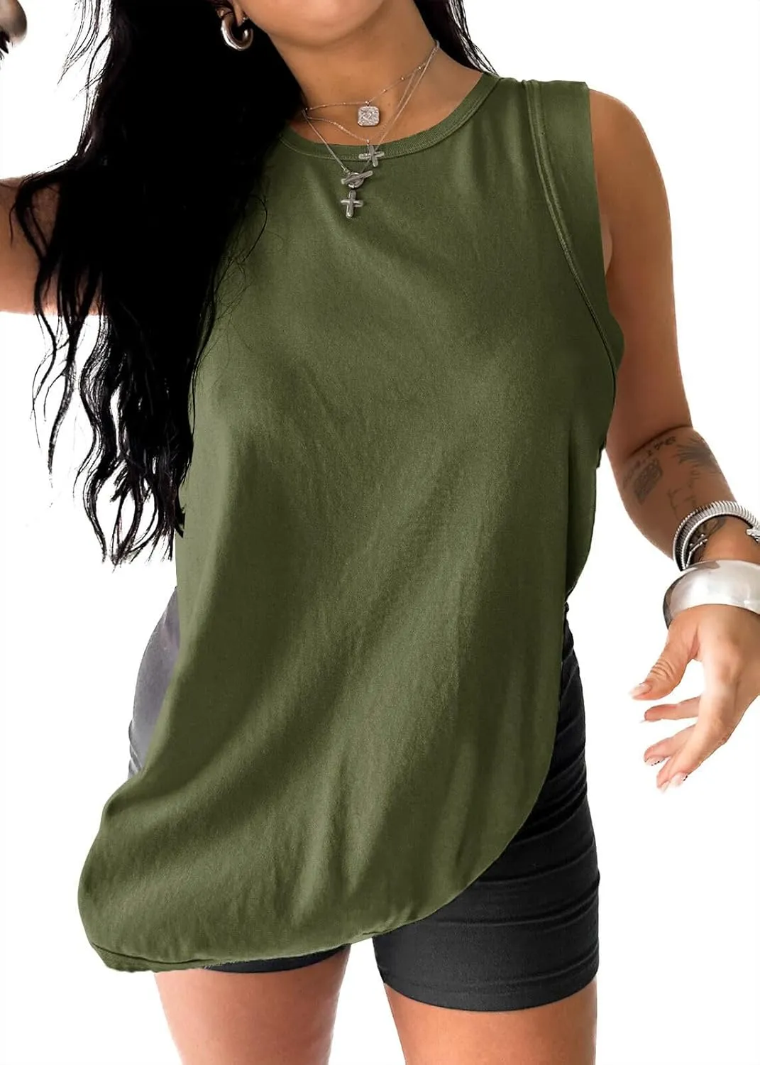 Tankaneo Womens Summer Workout Tank Tops Cotton Side Slit Sleeveless Shirts Oversized Casual Yoga Gym Tees
