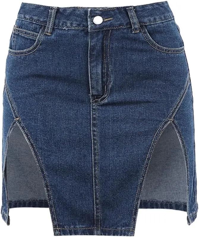 THLAI Womens Mini Sexy Denim Skirt Split High Waisted Spring Summer Solid Skirt