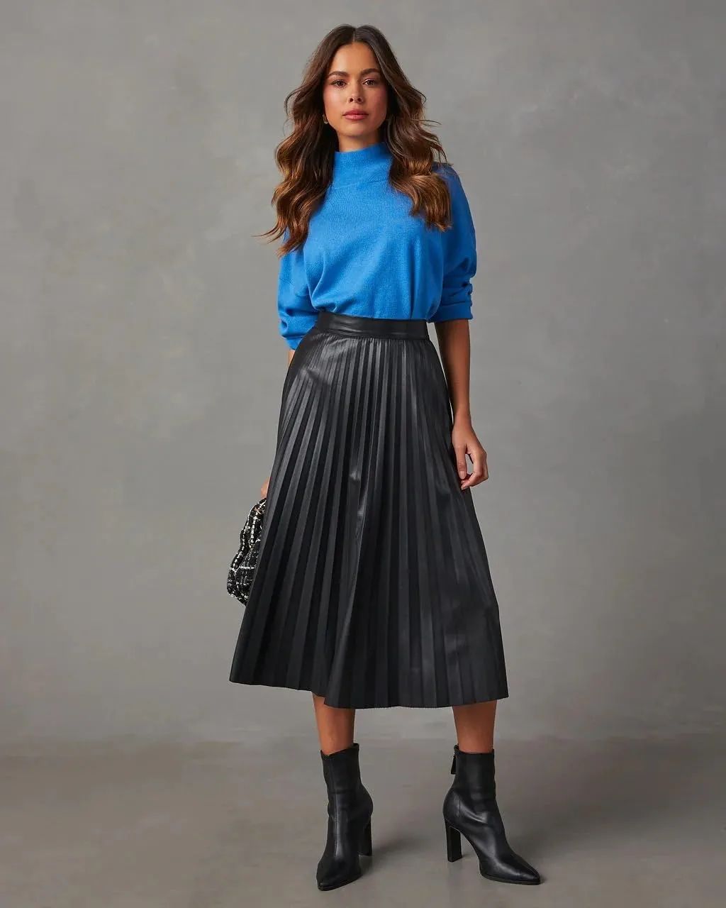 THLAI Womens Pleated Skirt Black Midi Skirt Elastic Waist A-Line Skirt Pleated Flowy Long Skirts Fall Skirt