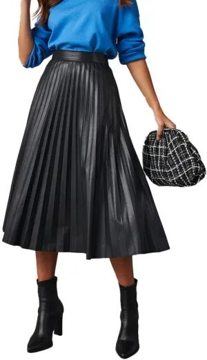 THLAI Womens Pleated Skirt Black Midi Skirt Elastic Waist A-Line Skirt Pleated Flowy Long Skirts Fall Skirt