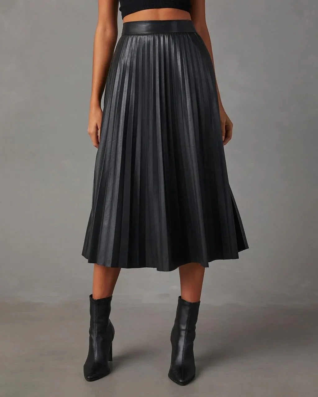 THLAI Womens Pleated Skirt Black Midi Skirt Elastic Waist A-Line Skirt Pleated Flowy Long Skirts Fall Skirt