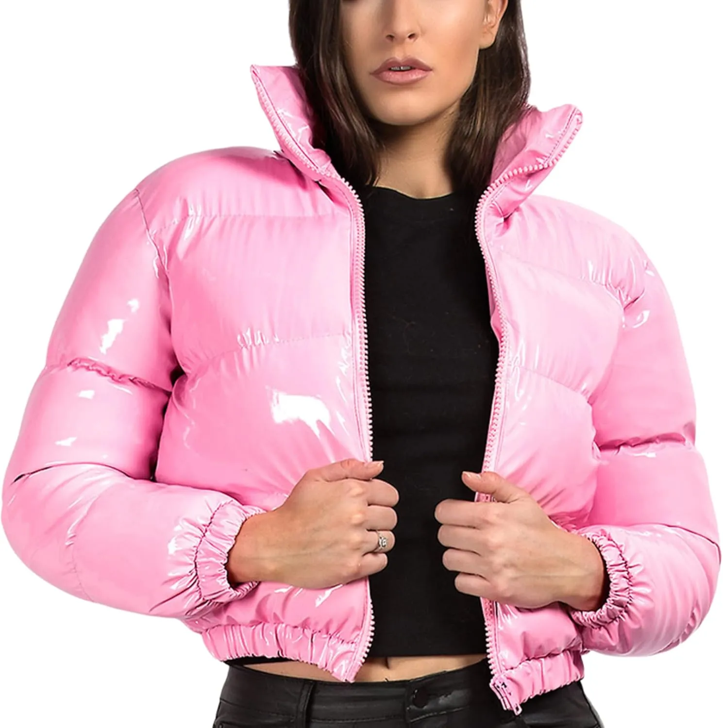 Uaneo Women's Cropped Puffer Jacket Winter Shiny Zip Up Short Bubble Puffy Coats