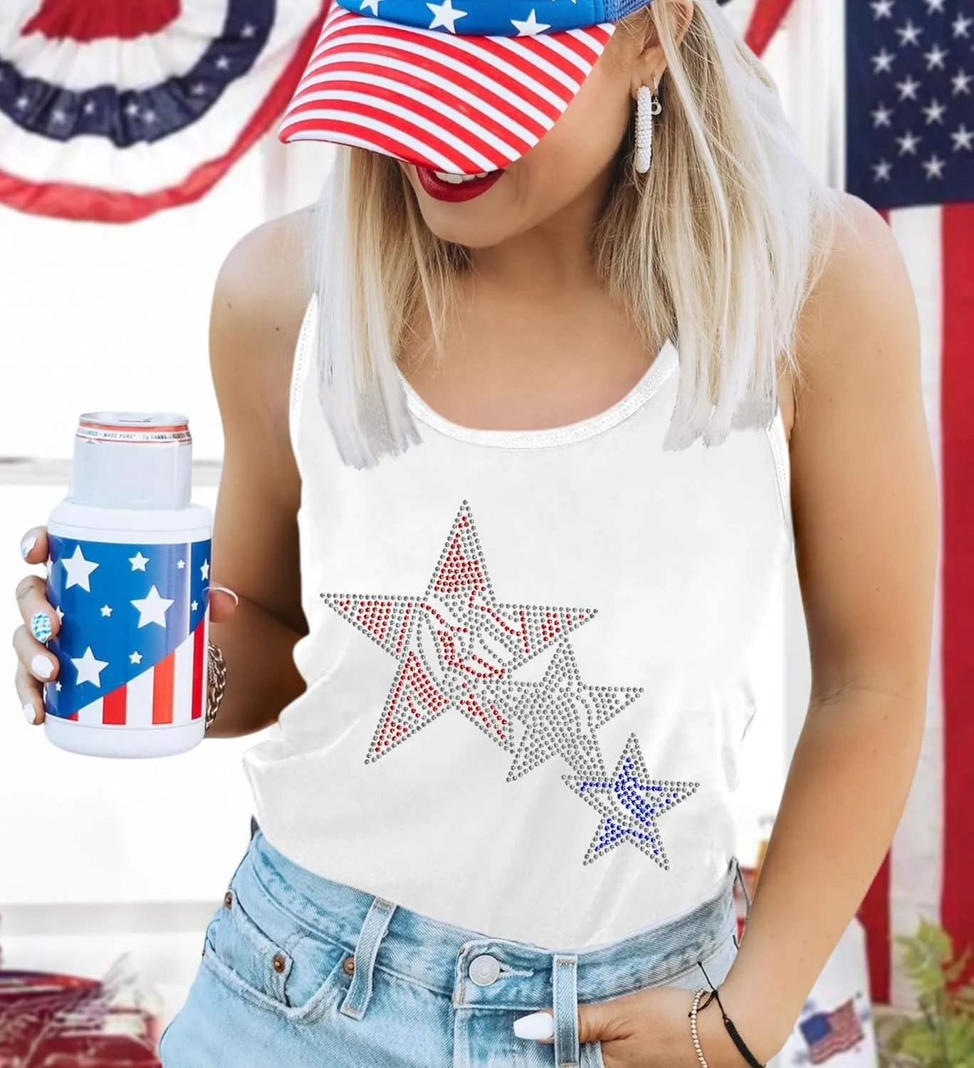 USA Tank Tops Women: Flag Sequin Tank Patriotic Shirts 4th of July Sleeveless T Shirt Summer Casual Bling Tops
