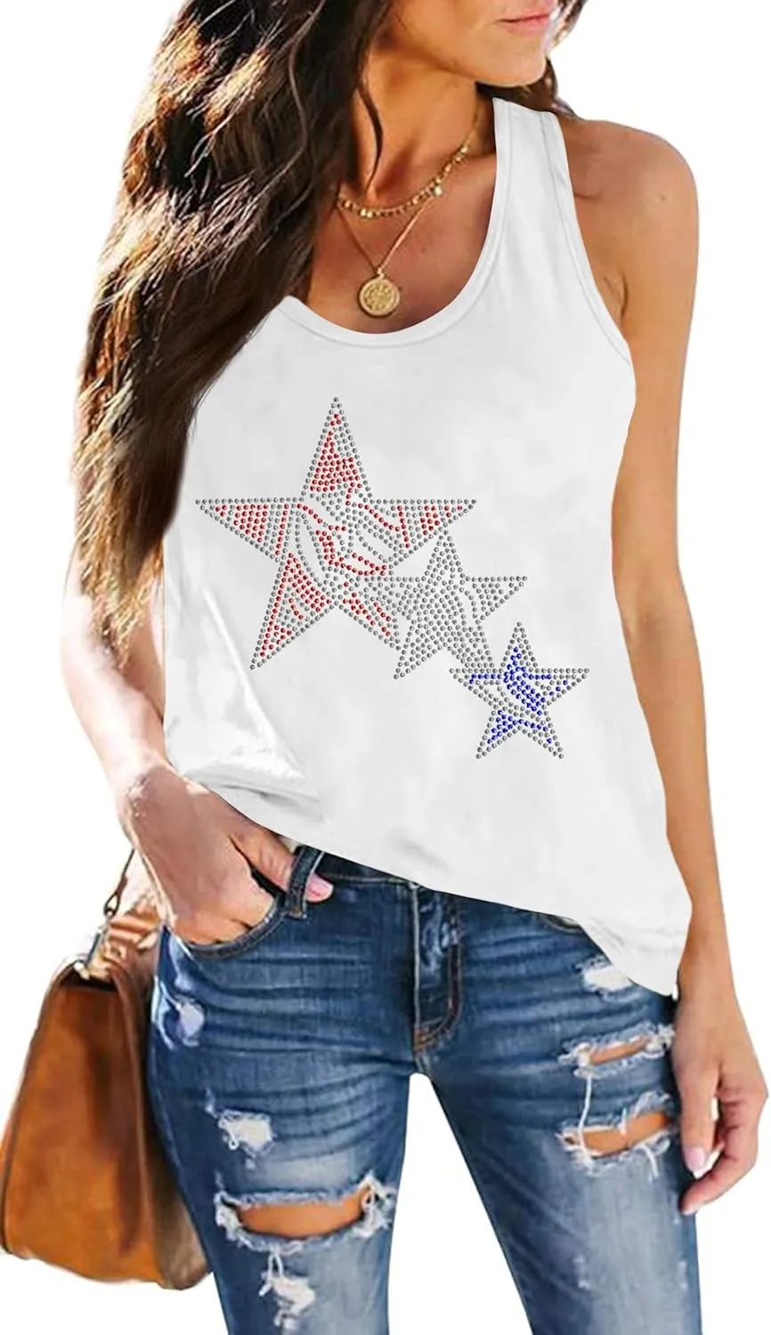 USA Tank Tops Women: Flag Sequin Tank Patriotic Shirts 4th of July Sleeveless T Shirt Summer Casual Bling Tops