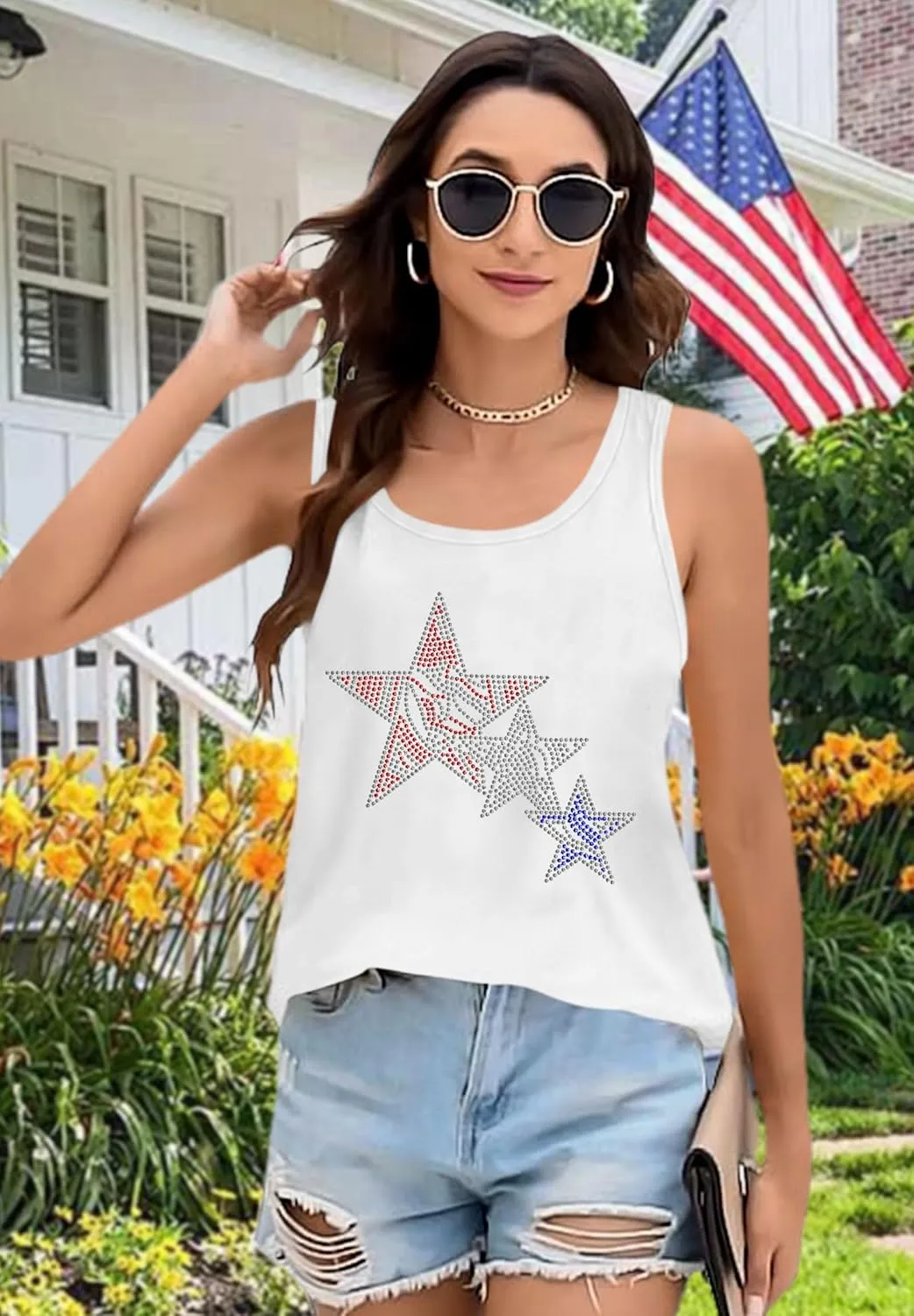 USA Tank Tops Women: Flag Sequin Tank Patriotic Shirts 4th of July Sleeveless T Shirt Summer Casual Bling Tops