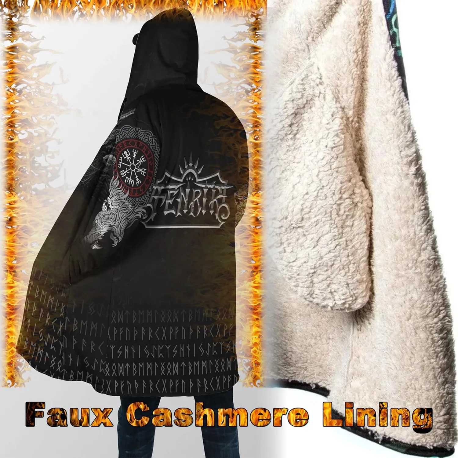 Viking Tattoos Men's Winter Warm Fleece Lining Hooded Parka Fenrir Wolf Pea Coats Trendy Mid-Length Sweater Coats