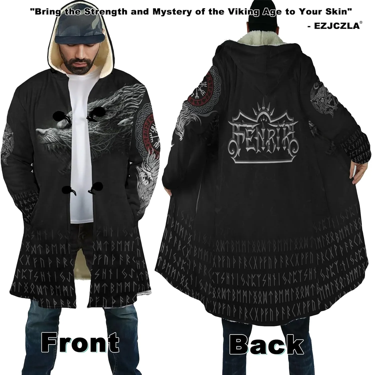 Viking Tattoos Men's Winter Warm Fleece Lining Hooded Parka Fenrir Wolf Pea Coats Trendy Mid-Length Sweater Coats