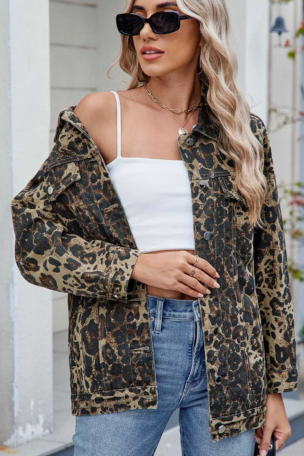 Washed Leopard Print Denim Jacket